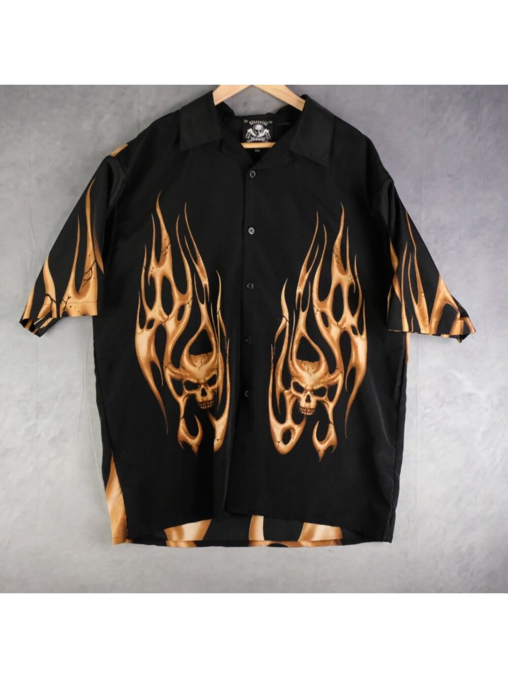 Rockhouse Roadhouse Shirt Mens Xxl 2Xl Black Brown Flames Skull Button Up Camp